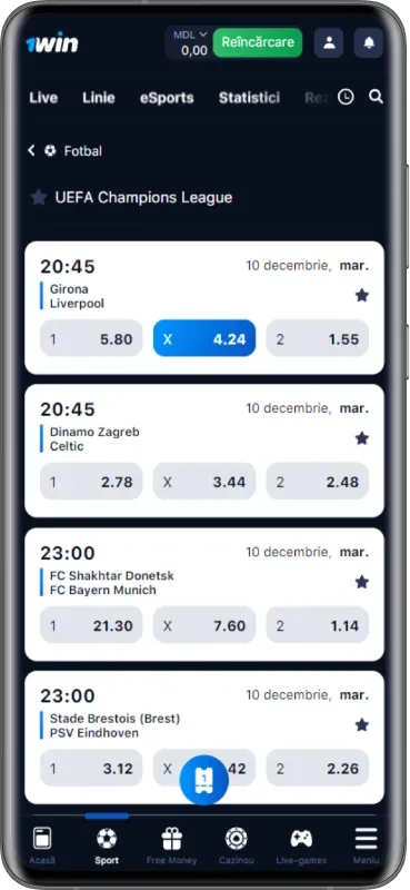 Captură de ecran a paginii de pariuri din aplicația 1win MD