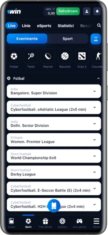Captură de ecran a paginii de pariuri live din aplicația 1win MD