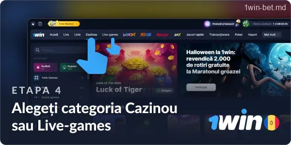 Selectați categoria „Casino” sau „Jocuri live” pe site-ul 1win MD